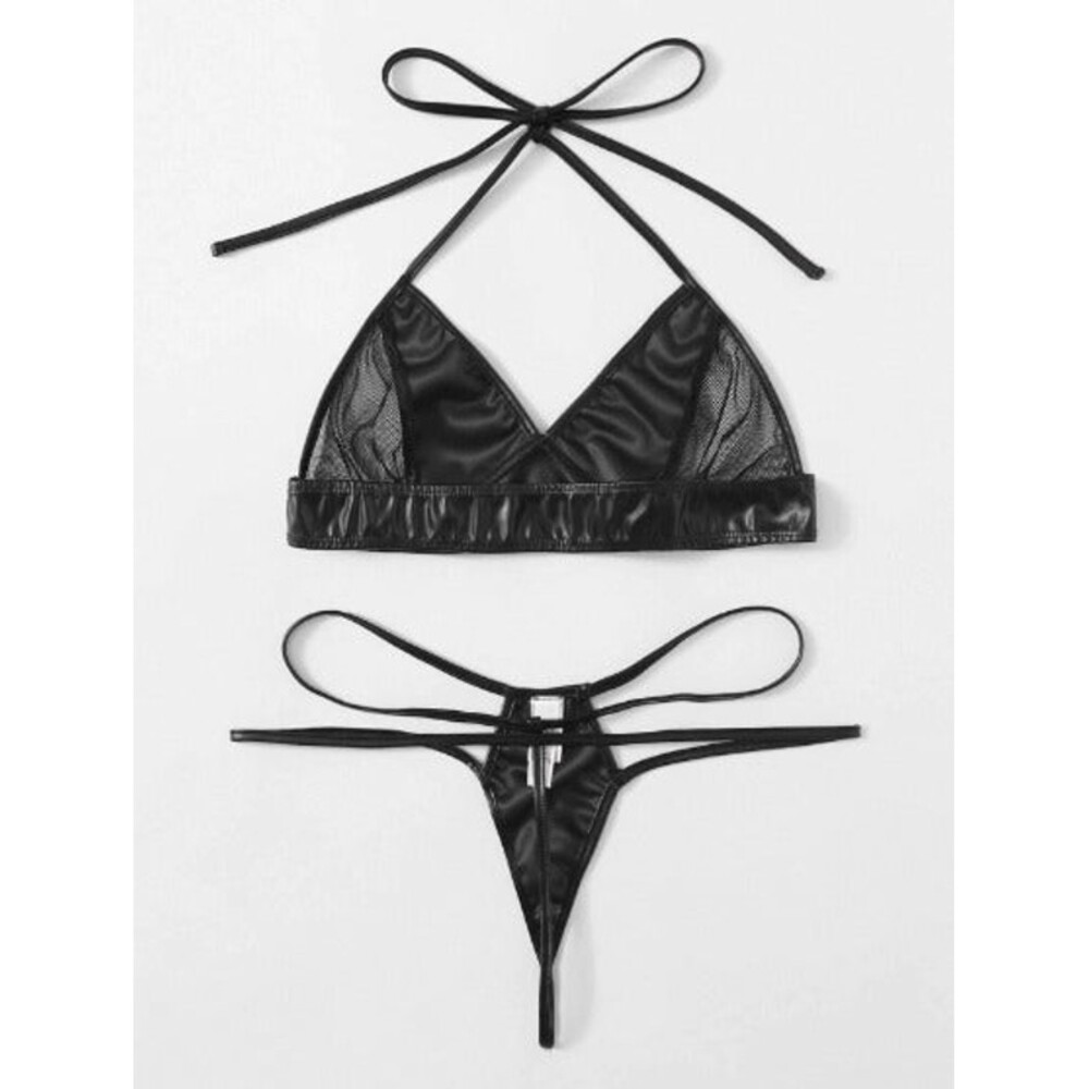 Size 8 (Medium) PU Leather Contrast Mesh Halter Cut Out Lingerie Set